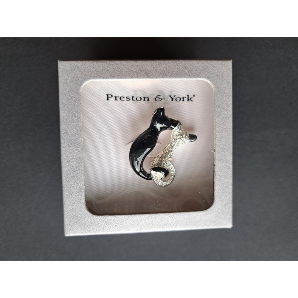 Y2K Vtg Black & White Enamel Rhinestone Cat Pin Brooch 1.5" Gold Tone NOS NIB JB